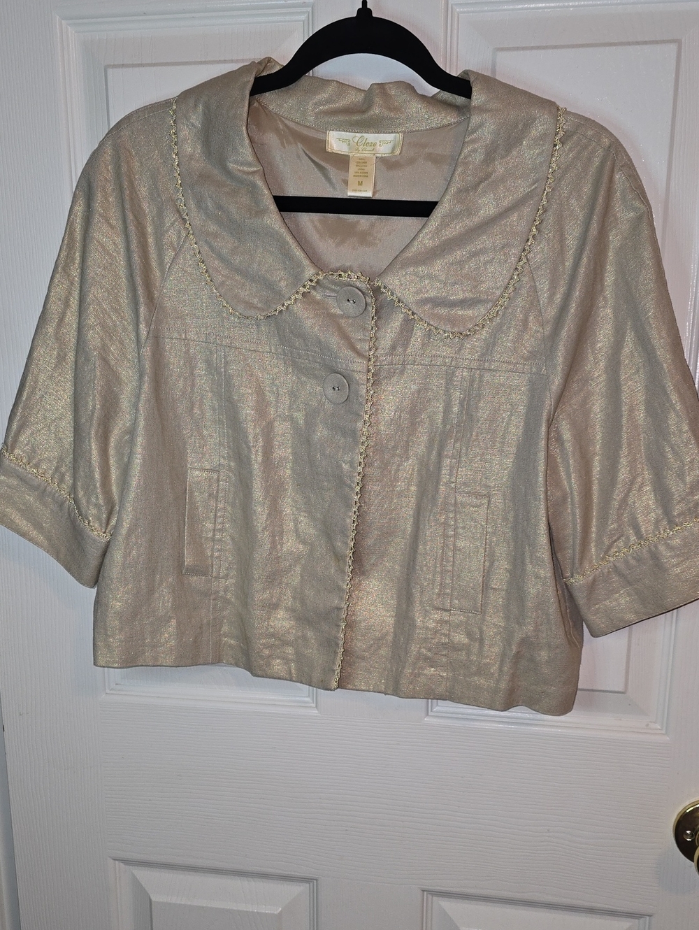 Anna Shimmery Cream Metallic‎ Short-Sleeve Cropped Button Shirt